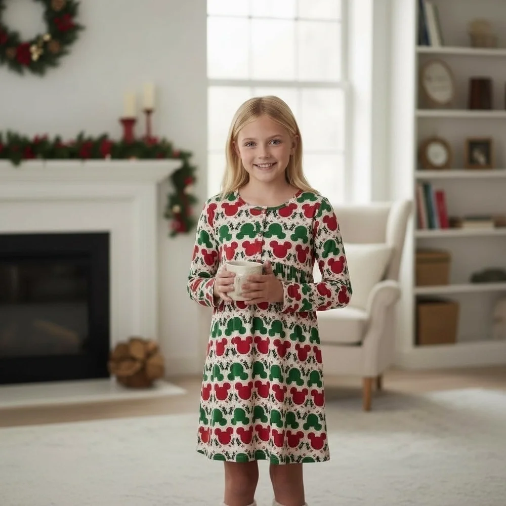 Hanna Andersson Christmas Holiday Red Green Mickey Mouse Nightgown size 14/16